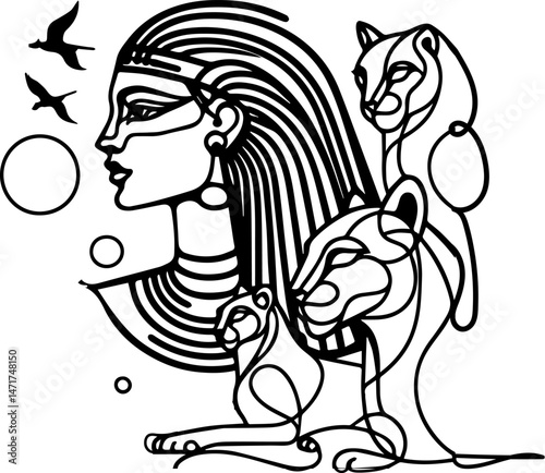 Abstract Egyptian Woman with Lions and Birds in Black Lines  