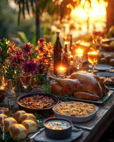Outdoor Thanksgiving feast, warm sunset ambiance.  A lavish Thanksgiving dinner spread on a wooden table outdoors, complete with roasted turkey, various side dishes, flowers, candles, and drinks