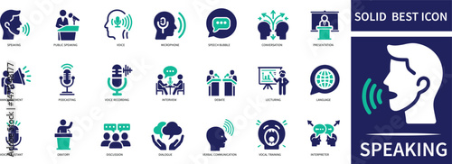  Speaking Icon Set speaking, communication, public speaking, conversation, voice, dialogue, discussion, speech, presentation, chat.