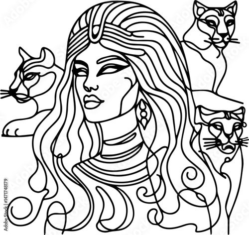Line Art of a Woman with Cats Displaying Mystique and Grace  