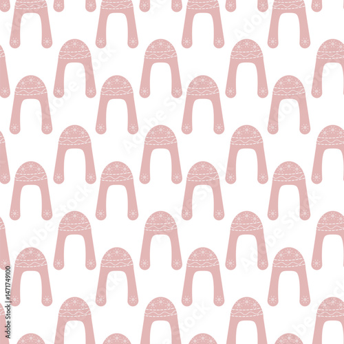 Ushanka Winter Hat with snowflakes ornament Monochrome pink Seamless Pattern Cloth promo Background
