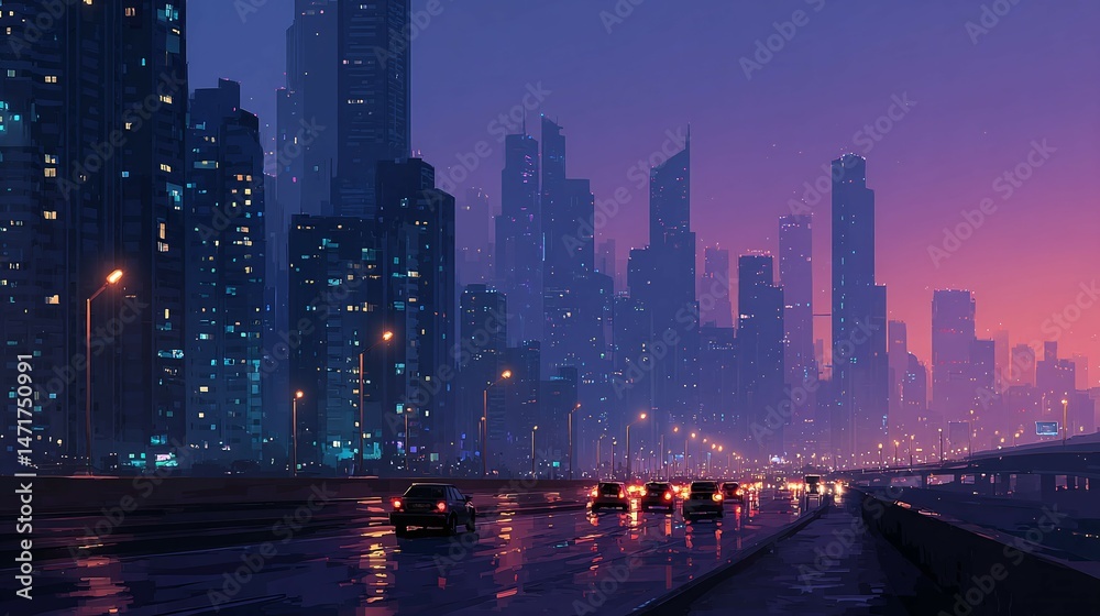 Fototapeta premium City skyline at dusk with water reflection and lights digital art.