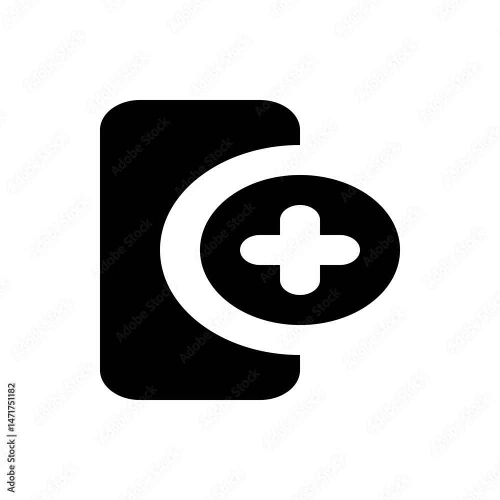 Fototapeta premium Black rectangle with rounded corners and a white plus sign inside a circle overlapping it on the right side