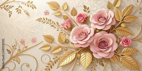 Delicate pink roses with luxurious golden leaves and vines elegantly adorn a textured background
