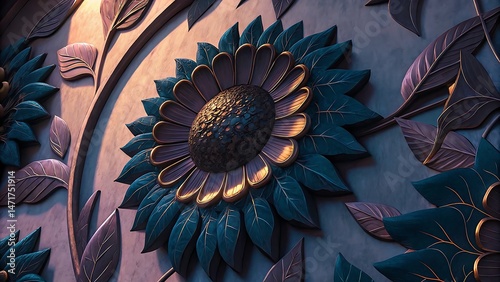 Dimensional sunflower with blue leaves radiates gold, creating an elegant and sculptural relief piece