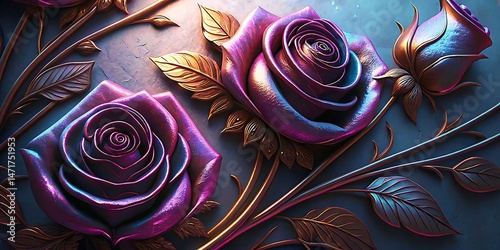 Digital violet roses with metallic gold leaves are arranged beautifully on a navy background