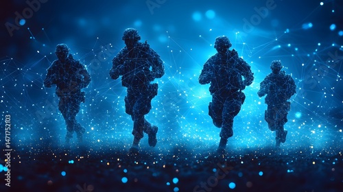 Futuristic soldiers run in a digital world. Wireframe figures sprint across a glowing landscape, embodying a virtual battle. Digital constructs engaged in simulated combat. Abstract blue wireframe