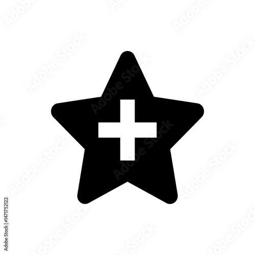 Black star shape with rounded edges and a white plus sign centered within the star shape design element