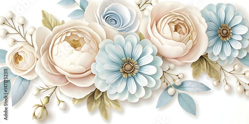 Elegant light blue and cream flowers are beautifully arranged with leaves on a white background