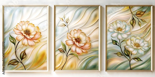 Framed floral triptych features elegant blooming peony botanical with ornate golden line art details
