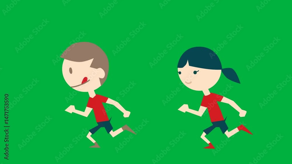 Two cartoon boys running on a green screen, perfect for sports, children�s, or animation projects. Isolated and ready for stock video and chroma key editing. Two cartoon boys running on a green screen, perfect for sports, children�s, or animation projects. Isolated and ready for stock video and chroma key editing.