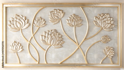 Golden framed showcasing blooming lotus flowers with textured petals on a marble backdrop provides elegance