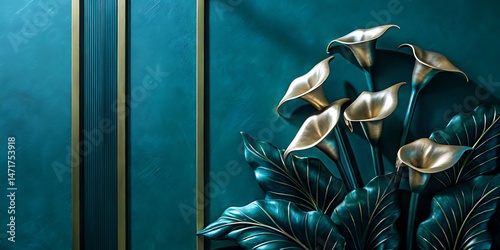 Golden lilies and green leaves contrast against a dark teal textural wall, conveying luxury