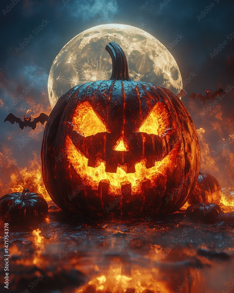 Fototapeta premium Fiery Jack-o'-lantern under a full moon