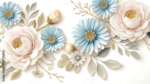 Light blue daisies and large cream roses are scattered with golden stems on white