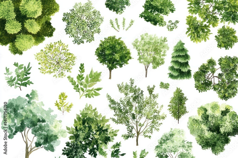 Fototapeta premium Watercolor illustrations of trees and plants