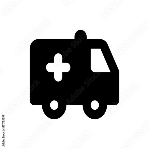 Illustration of a black ambulance with a white cross and a light on top in a minimalist style