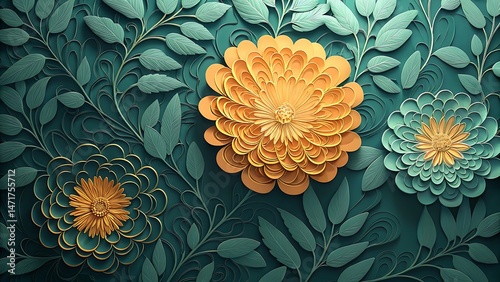 Three dimensional floral presents golden flowers with swirling leaf pattern background textures