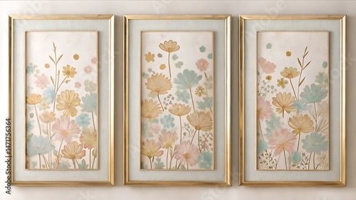 Three framed floral prints showcase pastel flowers on a white background with gold frames