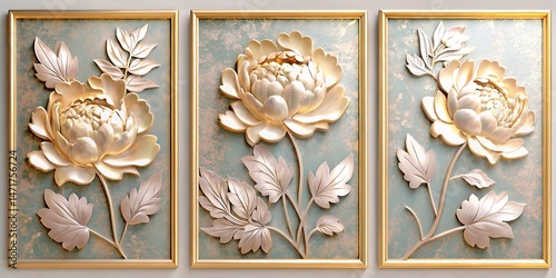 Three golden frames display ornate peony blossom relief art on a textured teal background