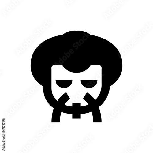 Illustration of a person with a large afro hairstyle, sunglasses, beard and a clerical collar in black