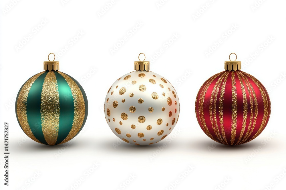 Three Christmas ornaments, green, white, and red, with gold details Three Christmas ornaments, green, white, and red, with gold details