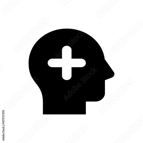 Black head silhouette with a white plus sign inside representing mental health and well being concept