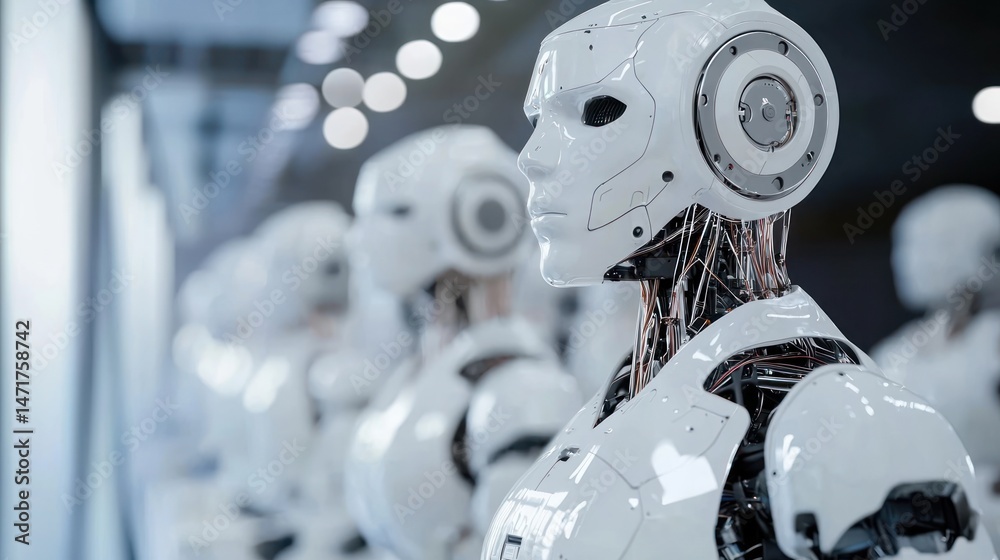 Fototapeta premium A robot in a laboratory setting, with a blurred background and a focus on the robot's head and torso.