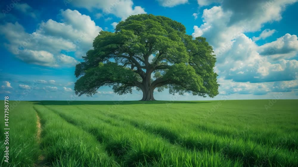 Stunning vista of a grand oak tree in a lush meadow, landscape under a clear sky with soft white clouds. Stunning vista of a grand oak tree in a lush meadow, landscape under a clear sky with soft white clouds.