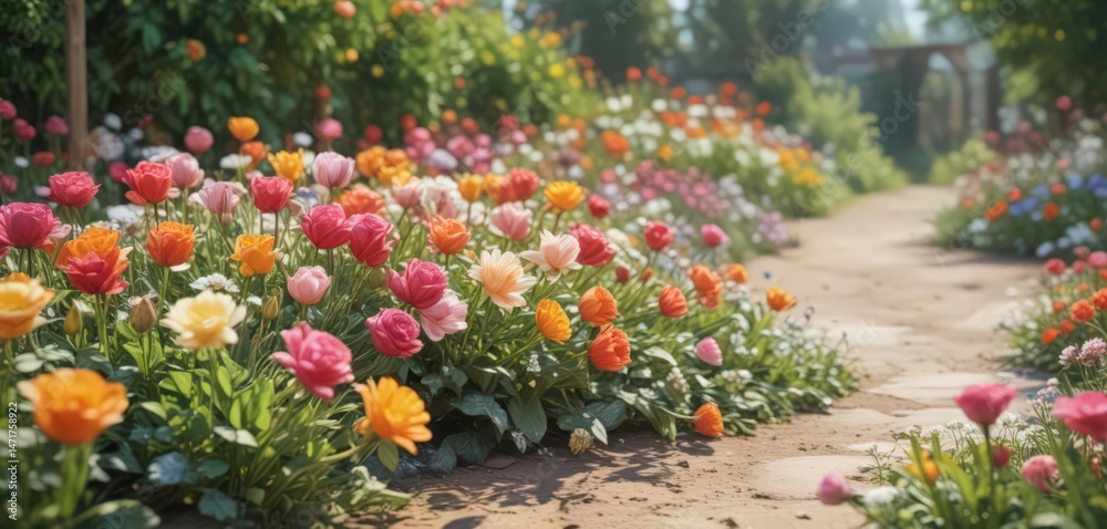 Fototapeta premium Vibrant watercolor blooms, roses, daisies, tulips Summer garden scene , roses, flower art, summer scene