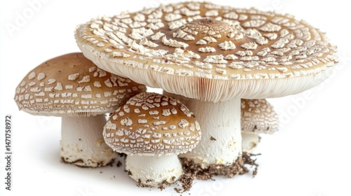 Close-up of several large, beautiful mushrooms.  Distinct, patterned caps.  Natural earthy tones