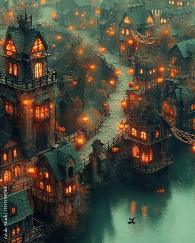 Misty, lit-up fairytale town by a river