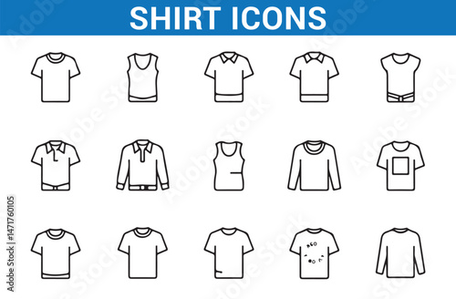 Collection of Clothing Icons, T-shirts, Shirts, Jackets, and Tank Tops, Fashion Sketches, Apparel Line Icons