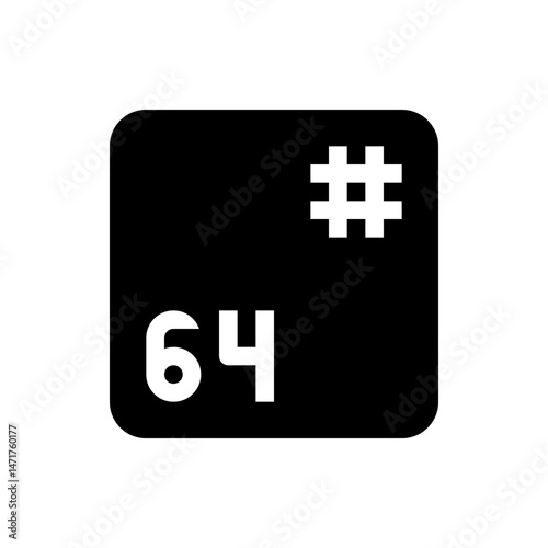 Illustration of a black rounded square with the number sixty four and a plus sign in white color