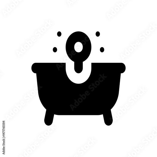 A solid black bathtub with a faucet and water droplets above it in a simple vector illustration style