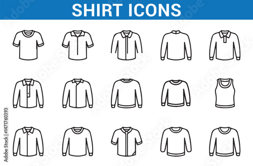 Collection of Clothing Icons, T-shirts, Shirts, Jackets, and Tank Tops, Fashion Sketches, Apparel Line Icons