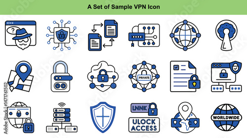 An assortment of black and blue cybersecurity icons feature network security and global privacy elements