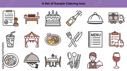 Catering icons showcase service equipment, food presentation, and delivery options on transparent background