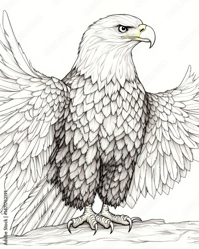 Naklejka premium Detailed grayscale drawing of an eagle with outstretched wings