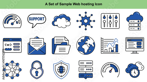 icons representing internet connection, hosting, network security, data analytics, and communication features
