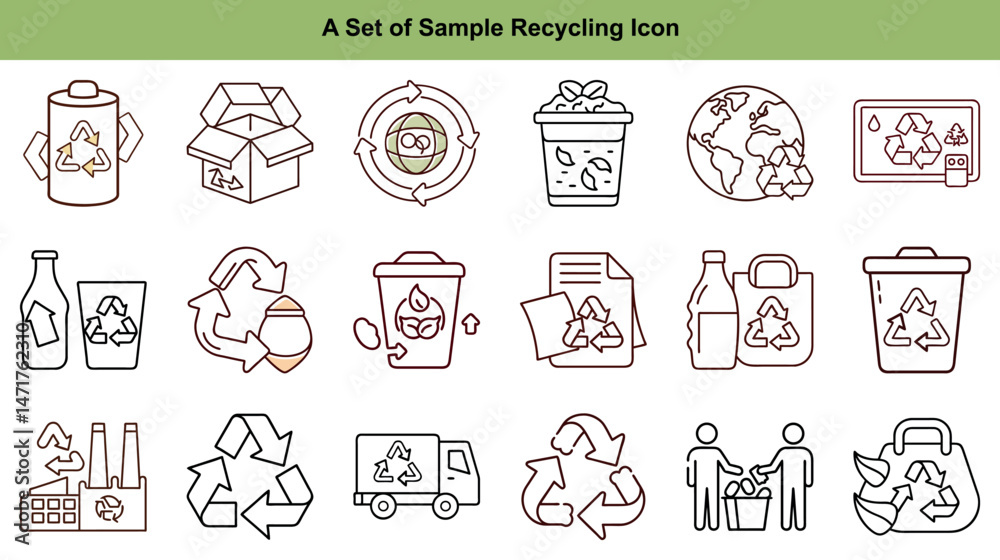 Fototapeta premium Line art shows a collection of recycling icons including truck, earth, and factory