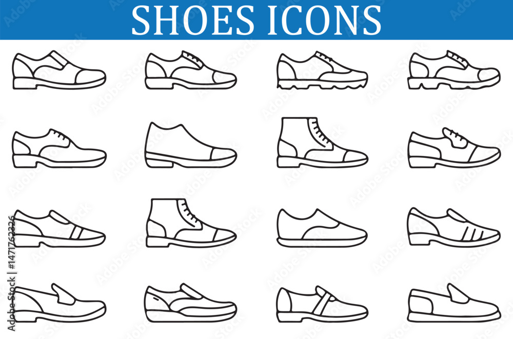 Obraz premium Collection of Shoe Icons, Sneakers, Athletic Shoes, Casual Footwear, Footwear Line Icons, Shoe Designs
