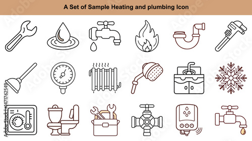 Multiple isolated plumbing and heating line icons showcase diverse elements for technical service work