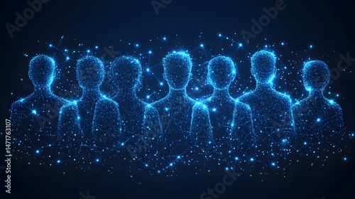A futuristic display showcases interconnectedness, depicting human figures as glowing blue networks, reflecting modern technology and collective identity. Abstract dark blue wireframe