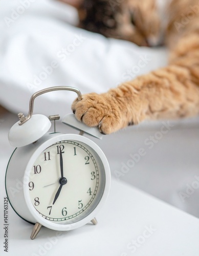 Cat paw reaching to stop alarm clock in a cozy morning scene