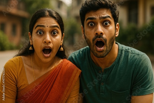 Surprised couple outdoors expression