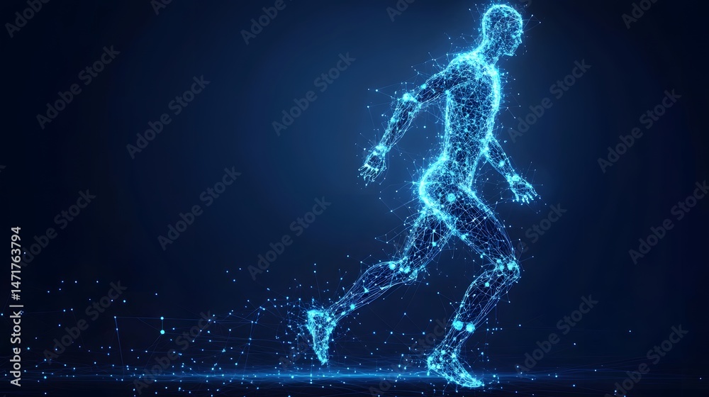 Dynamic digital human figure, a futuristic representation of movement and technology. Glowing blue dots and lines create a modern aesthetic against a dark blue backdrop. Abstract dark blue wireframe Dynamic digital human figure, a futuristic representation of movement and technology. Glowing blue dots and lines create a modern aesthetic against a dark blue backdrop. Abstract dark blue wireframe