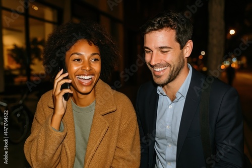 Happy friends enjoying night walk.