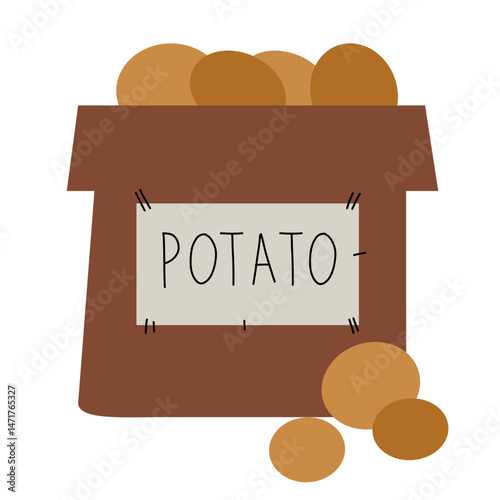 Potato organic sack harvest agriculture vector illustration in doodle cartoon sketch style. Ideal for kid education organic rustic book printable page.