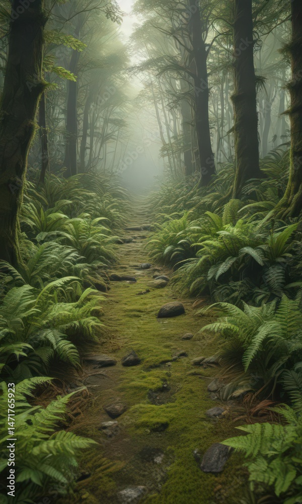 Fototapeta premium Lush green ferns and moss carpet forest floor, green, lush